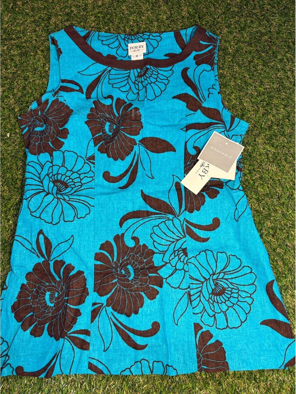 Dorby Blue and Brown Floral Sleeveless Dress Size 8